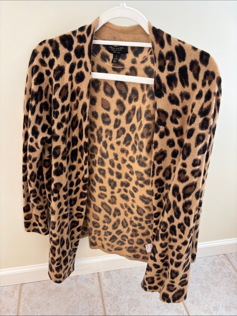 Cashmere Charter Club Leopard Print Open Cardigan - Camel/Black